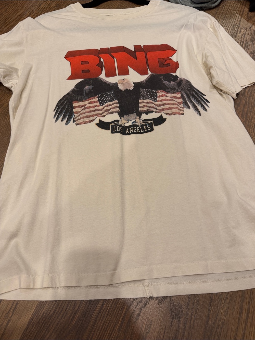Anine Bing White Graphic Tee with Red Logo and American Flag Eagle